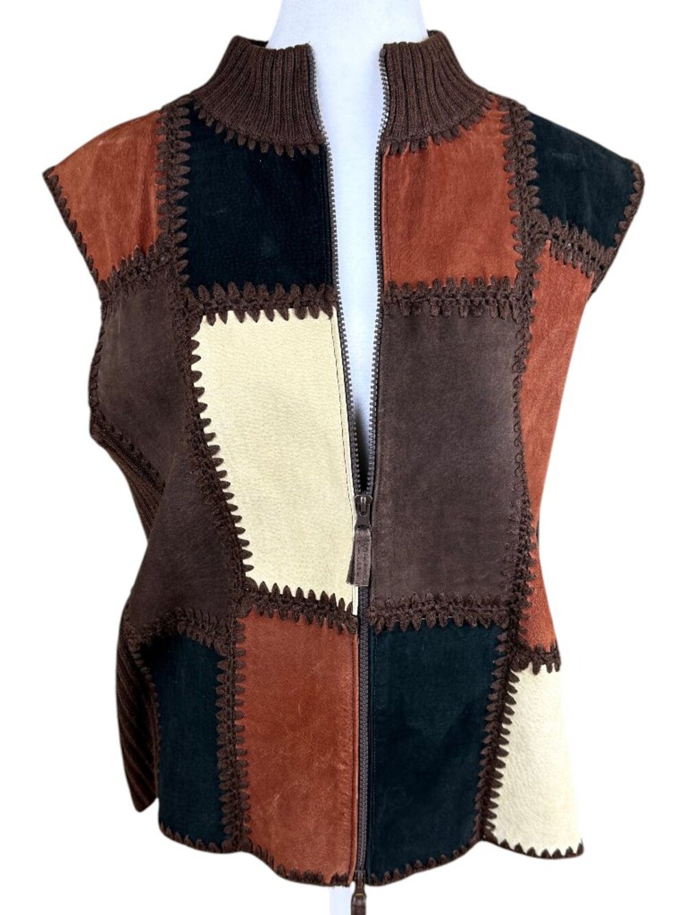 Vintage 90s Suede Patchwork Vest Crochet Trim Zip Front Brown Rust Leather (XL)